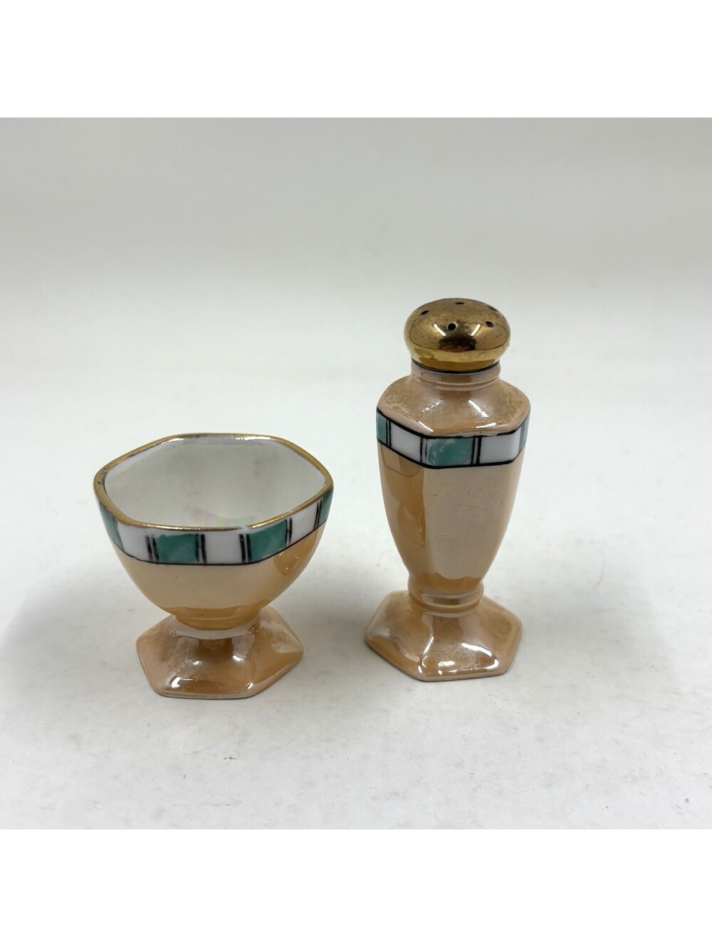 Vintage Japanese Lusterware Art Deco style Salt and Pepper shaker and cup